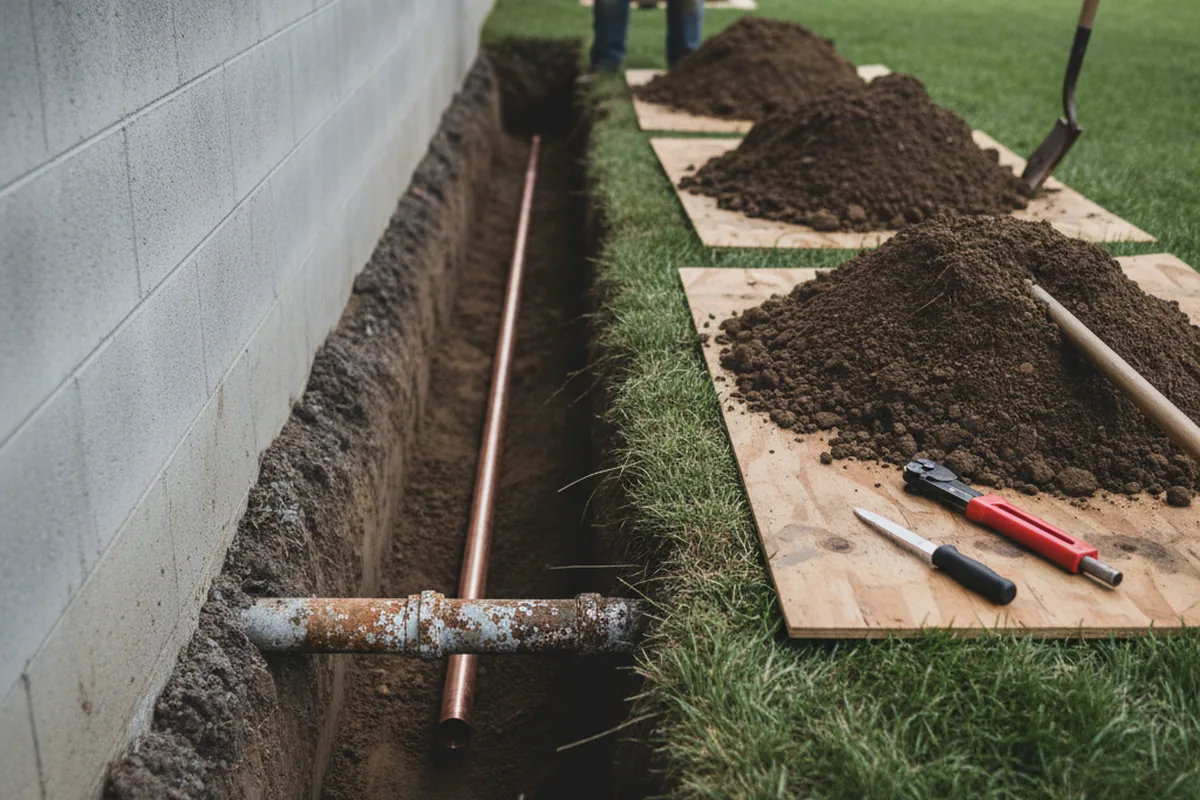 Excavated water line trench during Sewer Line Repair in Woodstock Valley